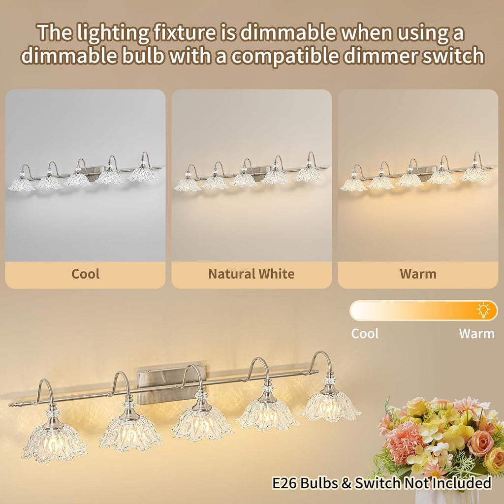 Brushed Nickel 5-Light Bathroom Vanity Light with Floral Clear Glass Shades, Brushed Nickel Wall Mount Lighting for Bathroom, Dressing Table
