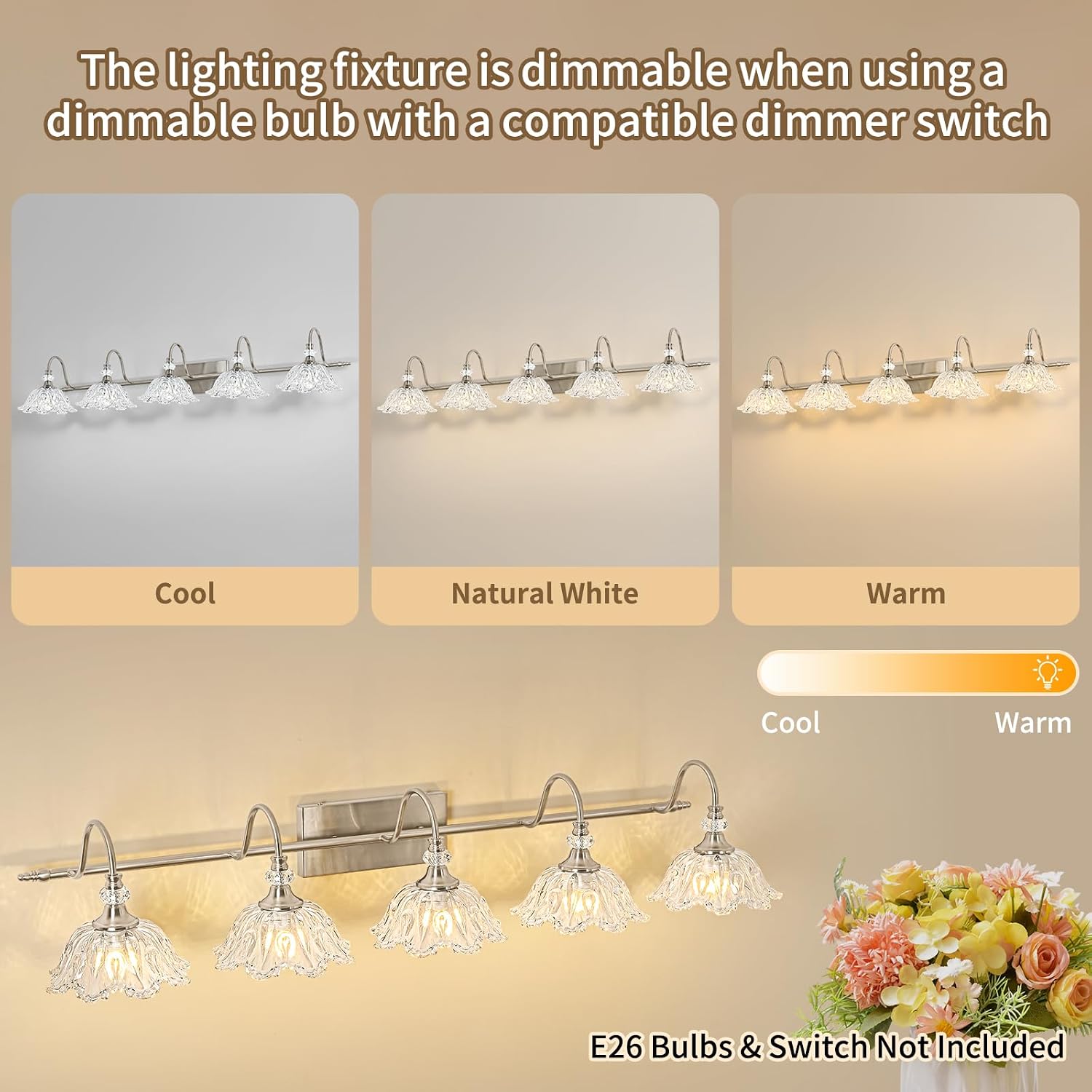 Brushed Nickel 5-Light Bathroom Vanity Light with Floral Clear Glass Shades, Brushed Nickel Wall Mount Lighting for Bathroom, Dressing Table