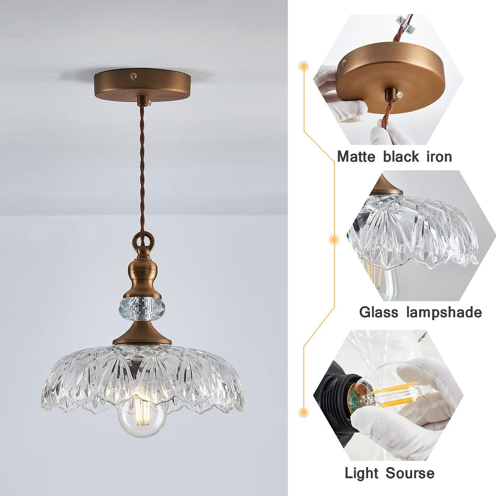 CVKASH Vintage Glass Pendant Light Fixture 3-Pack Brass Modern Adjustable Chandelier Farmhouse Hanging Ceiling Light for Hallway Porch Kitchen Bedroom Coffee Shop Dining Room
