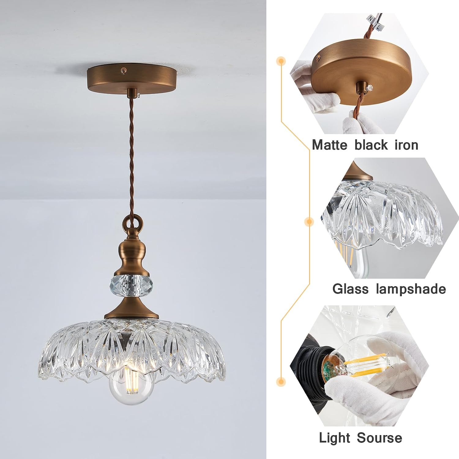CVKASH Vintage Glass Pendant Light Fixture 3-Pack Brass Modern Adjustable Chandelier Farmhouse Hanging Ceiling Light for Hallway Porch Kitchen Bedroom Coffee Shop Dining Room