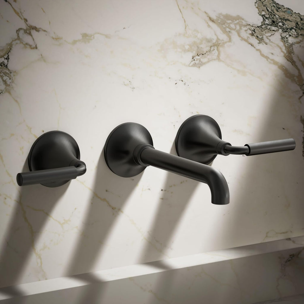 Kohler T26439-4-BL Tone Wall-Mount Bathroom Sink Faucet Set, Bathroom Faucet with Two Lever Handles, Matte Black