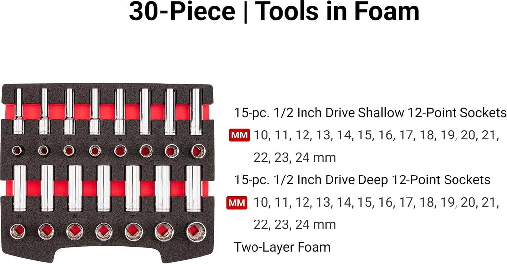 TEKTON 1/2 Inch Drive Shallow and Deep 12-Point Socket Set with Open Top Drawer and Rack, 30-Piece (10-24 mm) | SHD92707