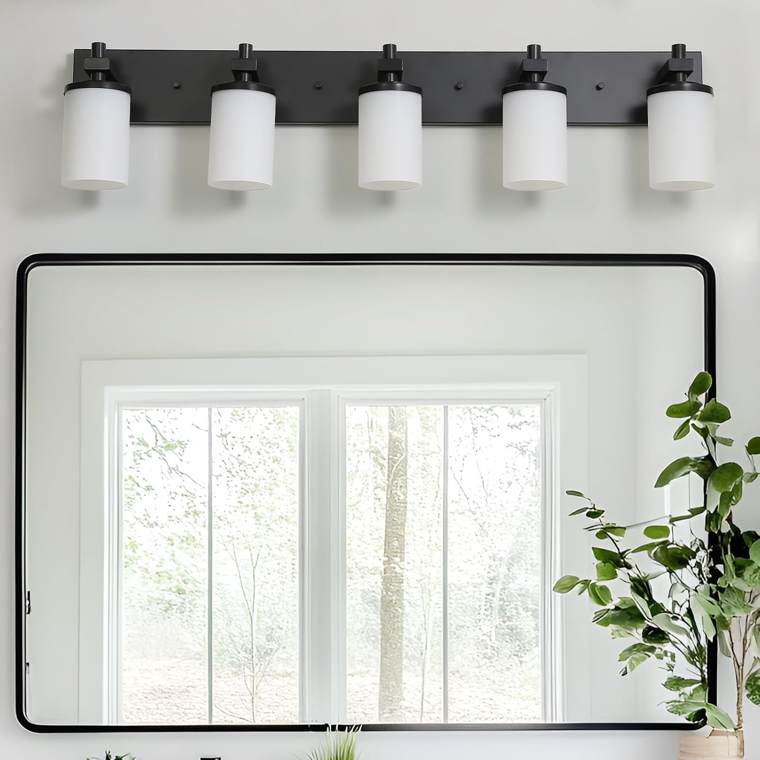LOUSACE Bathroom Light Fixtures Over Mirror, 5 Light Vanity Lights Matte Black, Modern Bathroom Lighting with Opal White Glass Shades, Wall Sconces Fixture Vanity Lighting for Bedroom Living Room