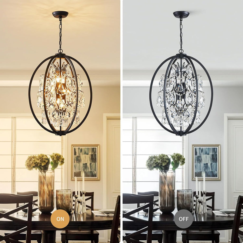 WUZUPS Globe Crystal Chandelier Raindrop Pendant Flushmount Ceiling Light Modern Lighting Fixture for Bedroom Hallway Bar Kitchen Bathroom, H 23.6' x W 19.7', Black, 8 E12 Base