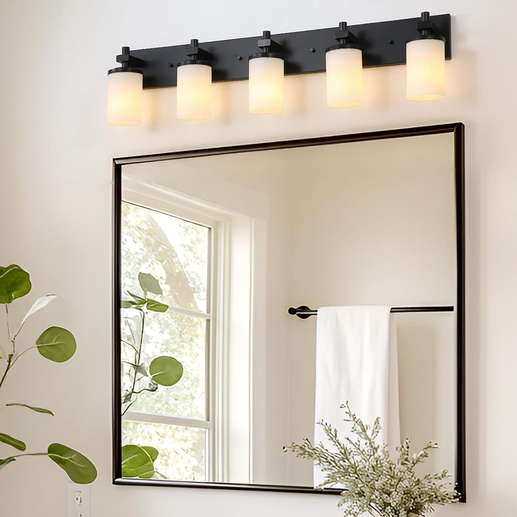 LOUSACE Bathroom Light Fixtures Over Mirror, 5 Light Vanity Lights Matte Black, Modern Bathroom Lighting with Opal White Glass Shades, Wall Sconces Fixture Vanity Lighting for Bedroom Living Room