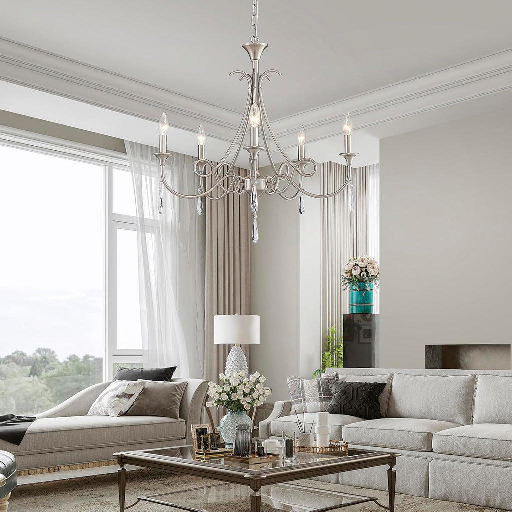 5-Light Farmhouse Chandeliers for Dining Room Lighting Fixtures Hanging, Rustic Candle Modern Chandelier Vintage Hanging Ceiling Lamp for Bedroom Kitchen Island Living Room Entryway Foyer, Nickel