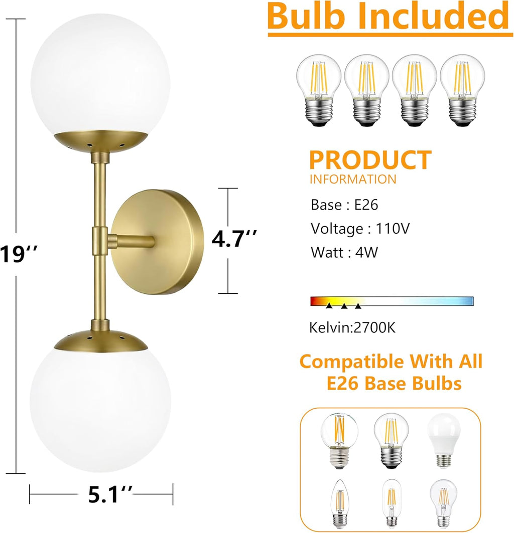 KoKo&Yukina 2 Pack Gold Vanity Light Fixtures Mid Century Modern Bathroom Vanity Light with Milky White Glass Globe Sconce Lights Fixture Vanity Lights for Bathroom (Bulb Include)