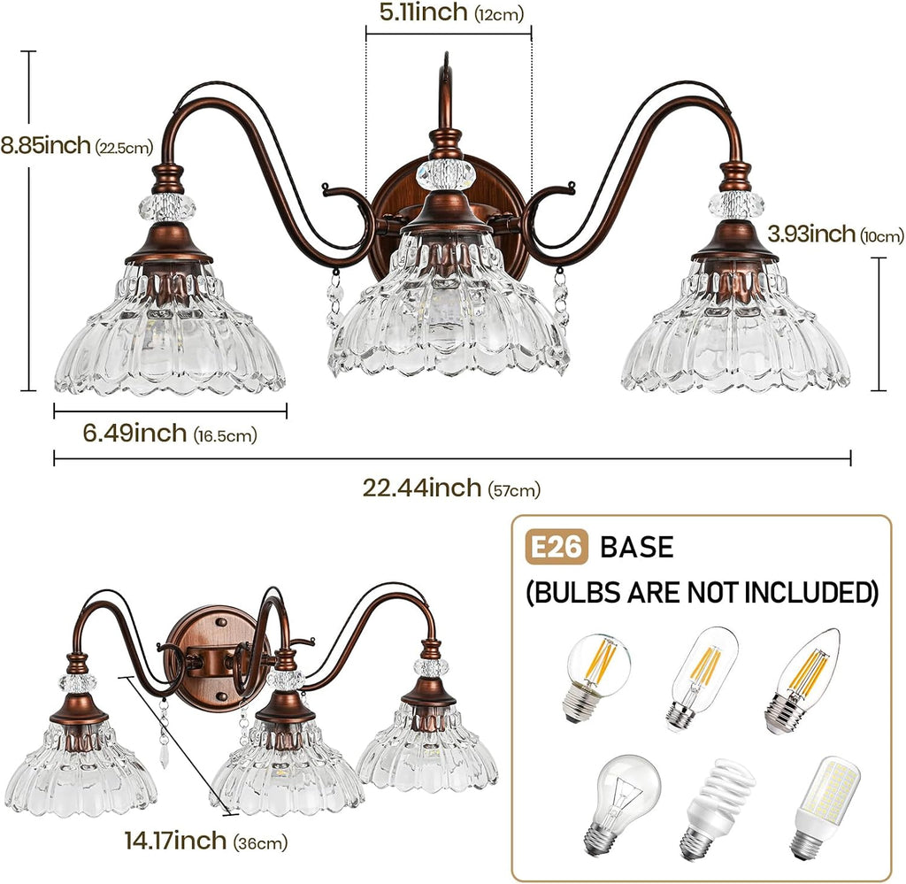 Vintage Bathroom Vanity Light, 3-Light Matte Antique Red Bronze Finish Wall Sconce with Hanging Crystal Accent and Flower-Shaped Clear Glass Shades, Retro Wall Mount Vanity Light Over Mirror