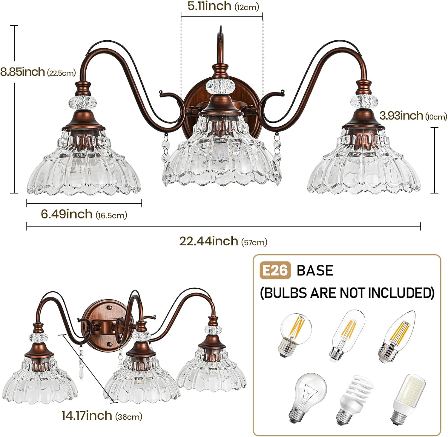 Vintage Bathroom Vanity Light, 3-Light Matte Antique Red Bronze Finish Wall Sconce with Hanging Crystal Accent and Flower-Shaped Clear Glass Shades, Retro Wall Mount Vanity Light Over Mirror