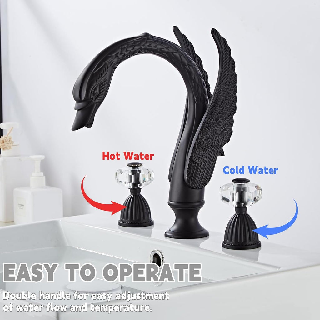 Golden Black Ornate Swan Style Bathroom Sink Faucet Combo Deck Mount Sink Mixer Tap Set Hot Cold Water