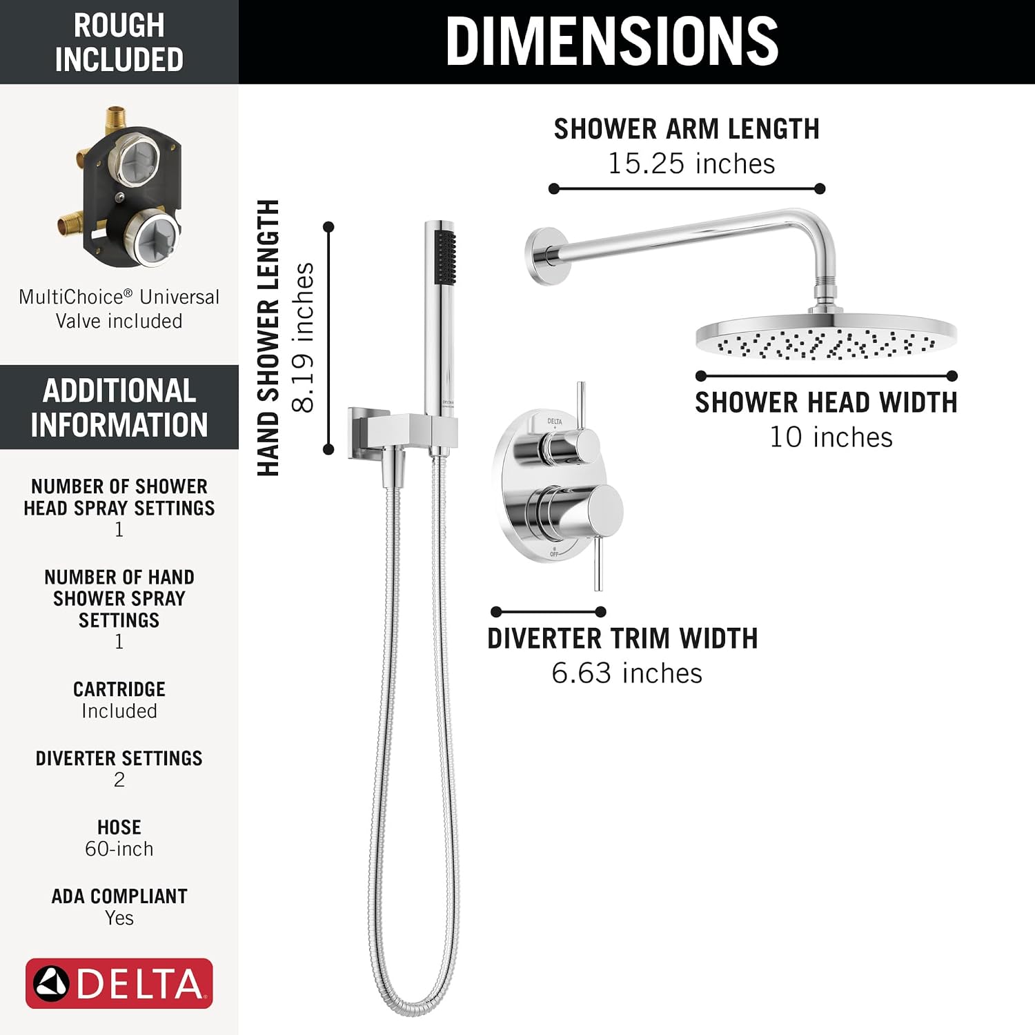 Delta Modern 14 Series Round Rain Shower System Faucet Set, Rainfall Chrome Shower Head and Handle Set, Valve Trim Kit, 10 Inch, Chrome 342702