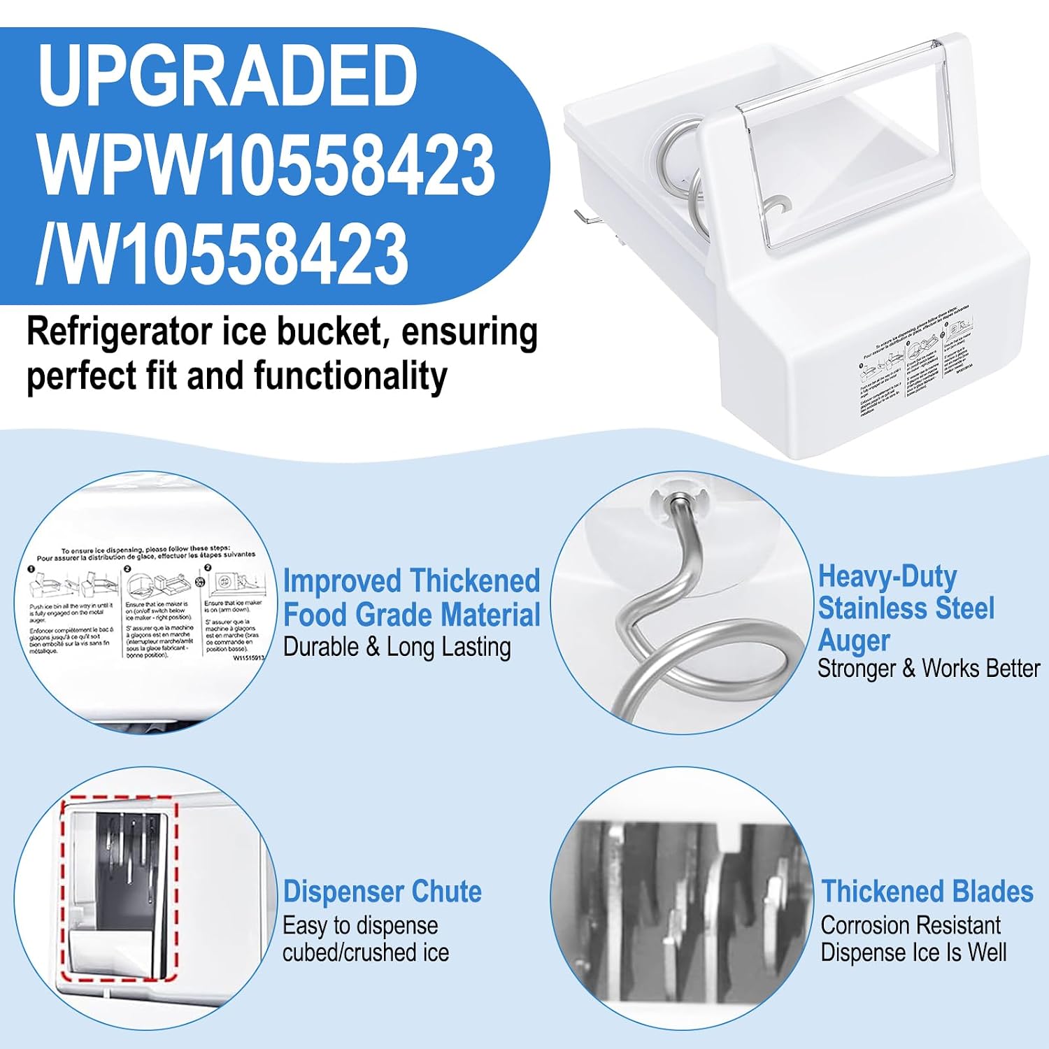 Upgraded WPW10558423 Refrigerator Ice Bucket Compatible with Whirlpool Ice Maker Replacement W10558423 Whirlpool Ice Bucket Ice Bin WRS325FDAM04, WRS315SDHM08, WRS325SDHZ, WRS315SDHZ Ice Maker Tray