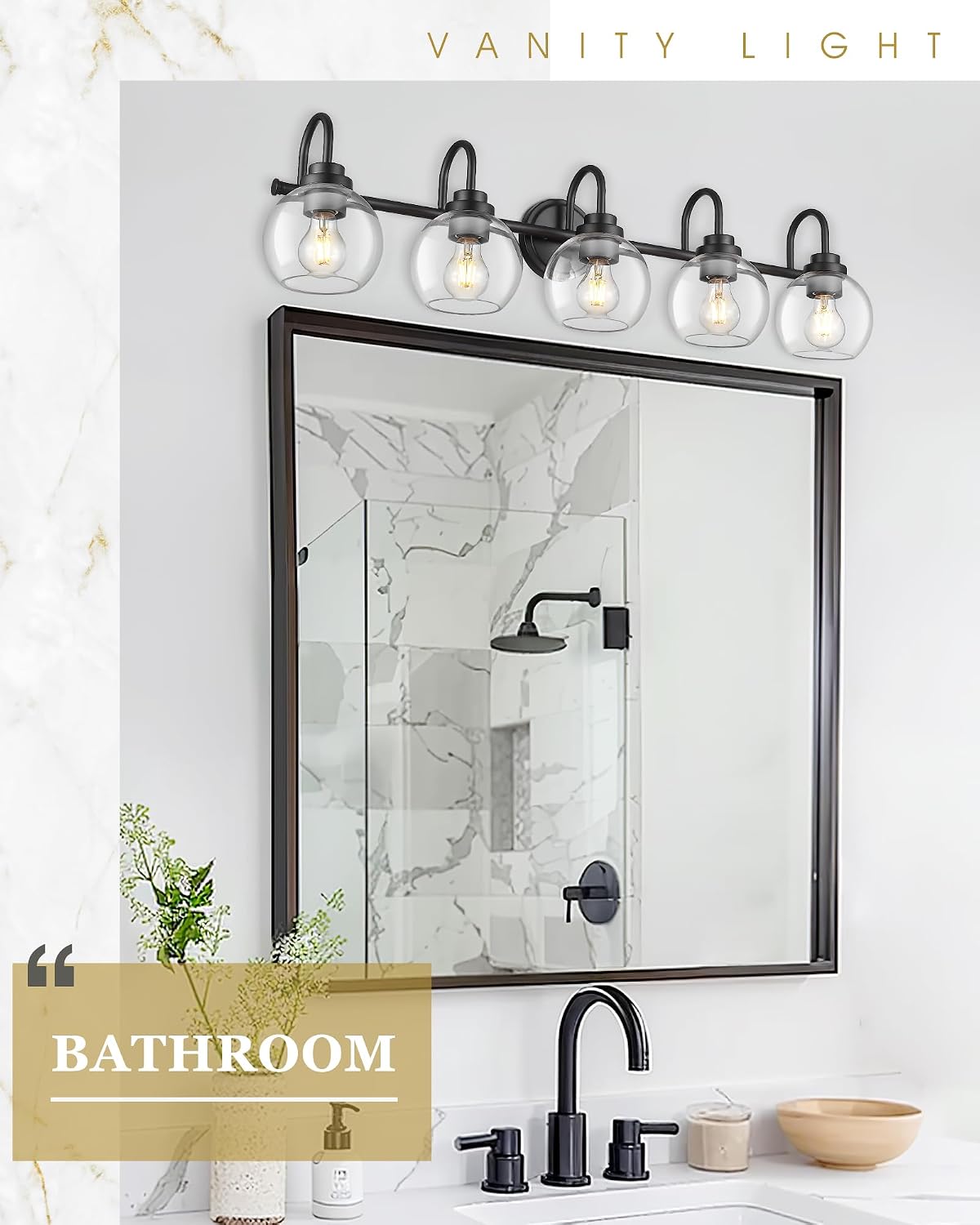 Bathroom Light Fixtures, 5-Light Matte Black Vanity Lights with Globe Clear Glass, 35 Inch Modern Vanity Lighting Fixtures Over Mirror, AD-22280-5W-BK