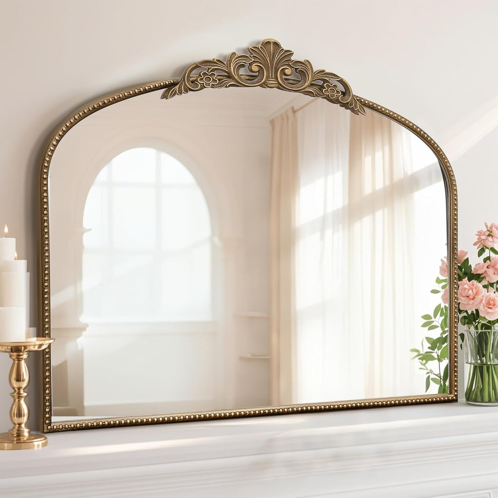 Micasso Large Vintage Gold Mirror: 40'x29' French Baroque Antique Arched Mirror - Traditional Ornate Decorative for Wall/Fireplace/Mantel/Entryway/Bathroom/Hallway - Home Decor for Living Room
