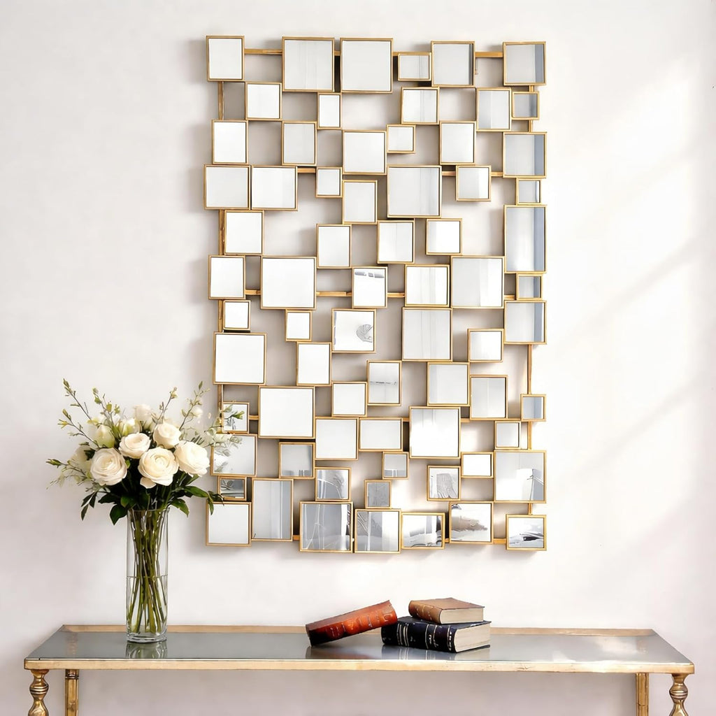 Gold Modern Wall Mirror - 45'×30' Large Metal Framed Decorative Mirror, Unique Mosaic Design Wall Mirrors for Living Room Entryway Hallway Home Art Decor