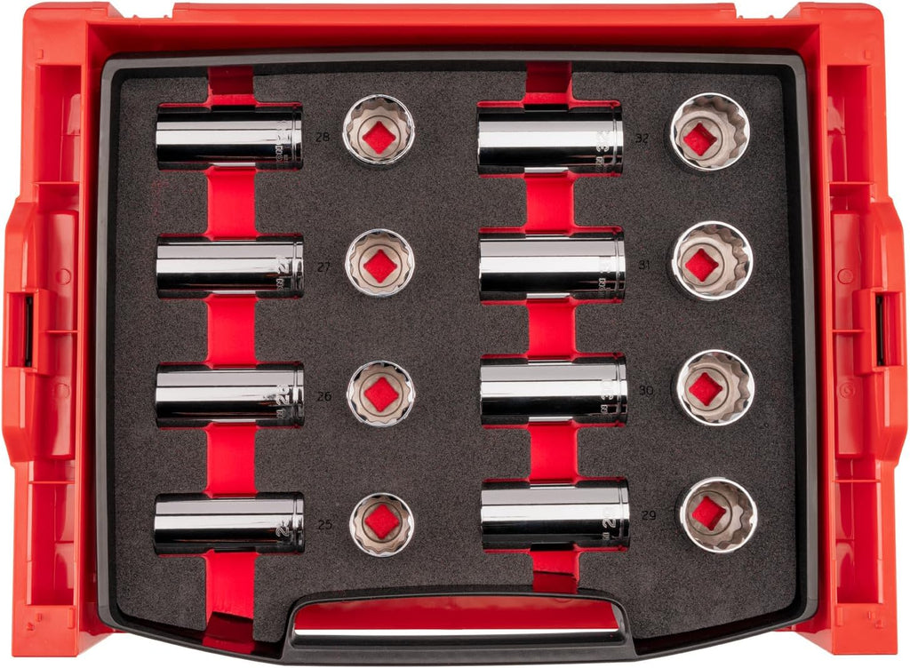 TEKTON 1/2 Inch Drive Shallow and Deep 12-Point Socket Set with Open Top Drawer and Rack, 16-Piece (25-32 mm) | SHD92708