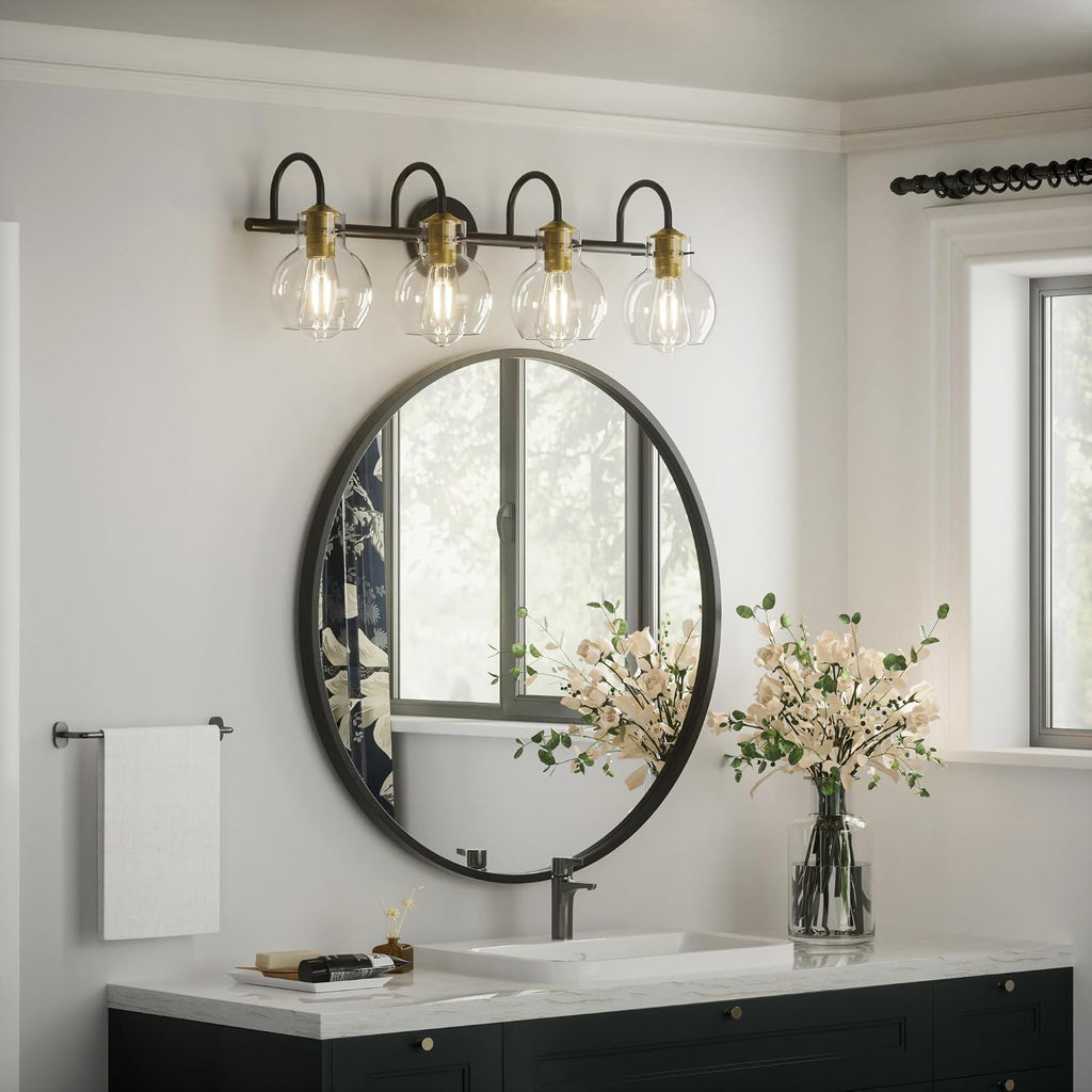4 Light Bathroom Light, Brushed Gold and Black Vanity Lighting Fixtures, Bathroom Wall Mounted Sconces Vanity Lights Over Mirror with Globel Glass Shade, E26 Base