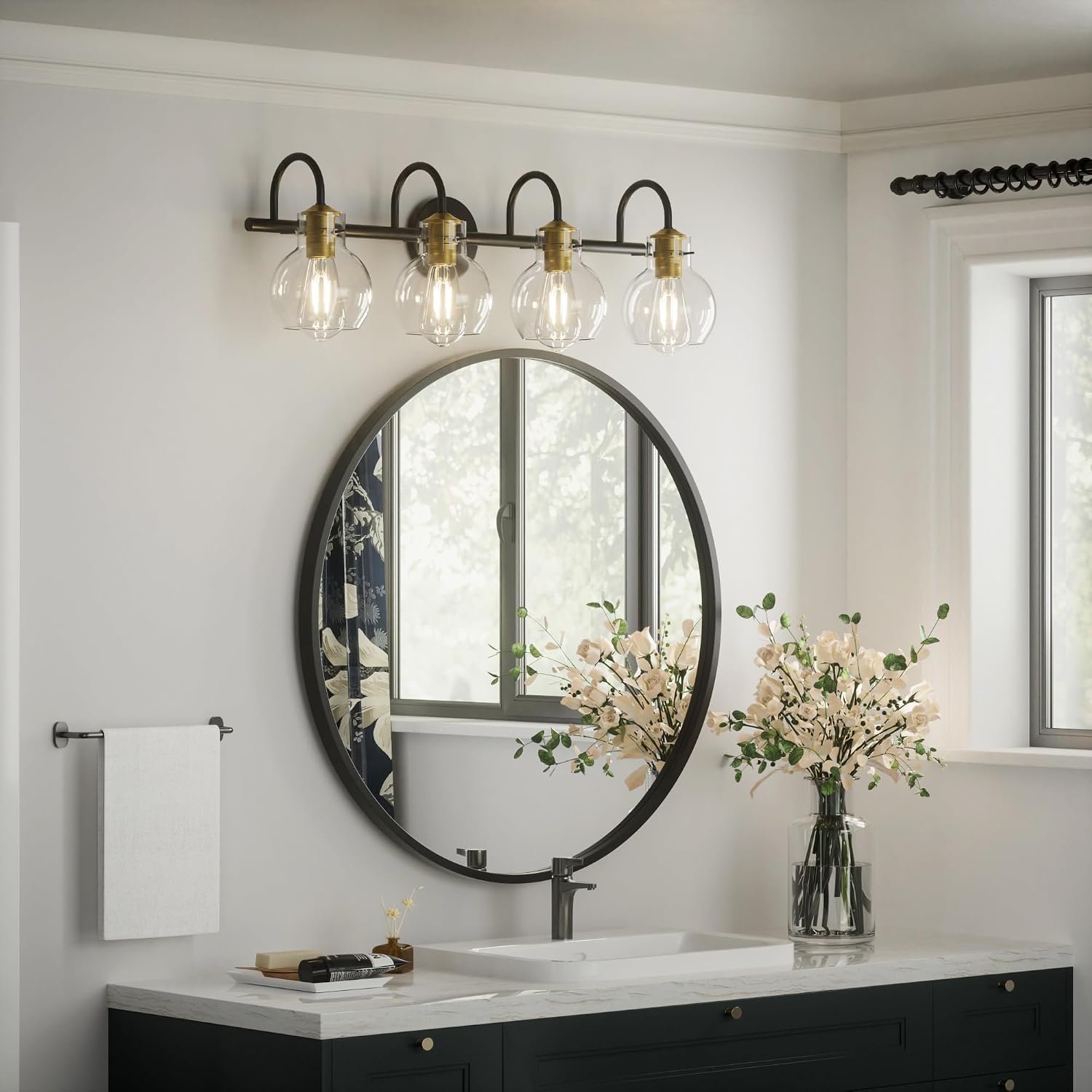4 Light Bathroom Light, Brushed Gold and Black Vanity Lighting Fixtures, Bathroom Wall Mounted Sconces Vanity Lights Over Mirror with Globel Glass Shade, E26 Base