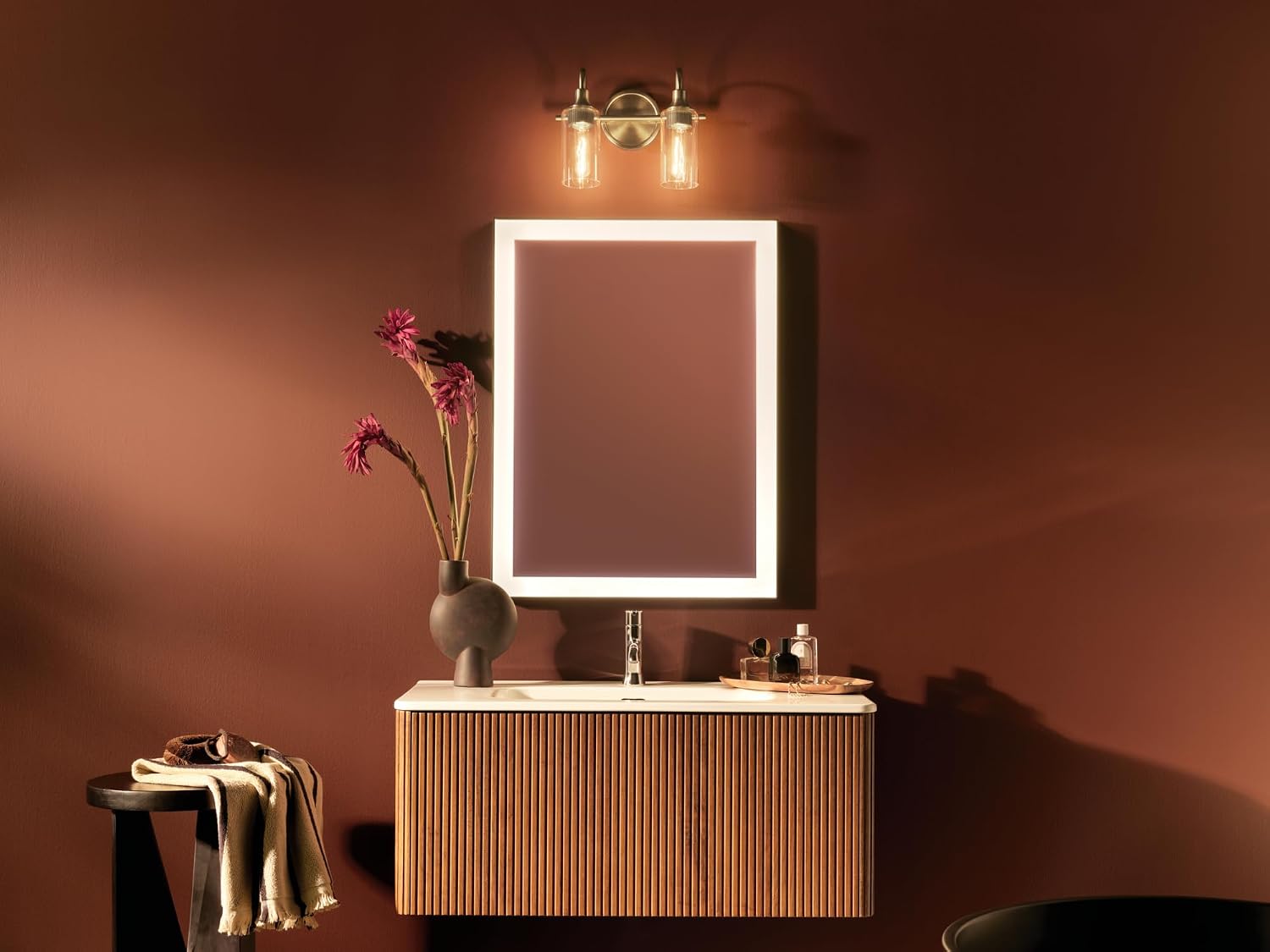 Kichler Kavi 12.5' 2-Light Bathroom Vanity Light Fixture with Clear Glass in Champagne Bronze, Modern Wall Mount Over Mirror for Powder Room, Damp Rated (12.5' W x 10' H), 55210CPZ