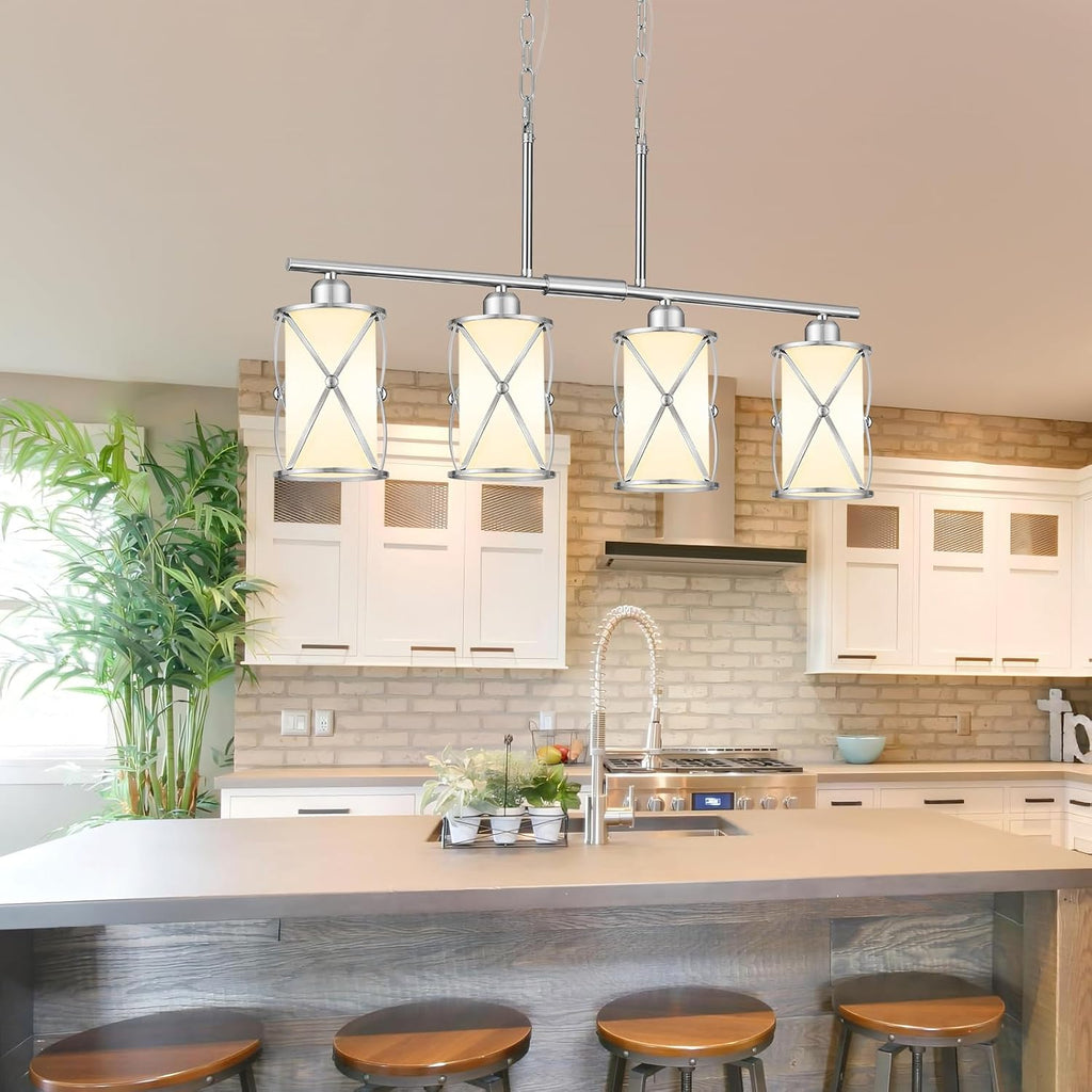4-Light Kitchen Island Lighting, Linear Brushed Nickel Dining Room Light Fixtures with Milk Glass, Modern Industrial Chandelier Pendant Light for Kitchen Island Dining Room, CH9176BNW-4IS