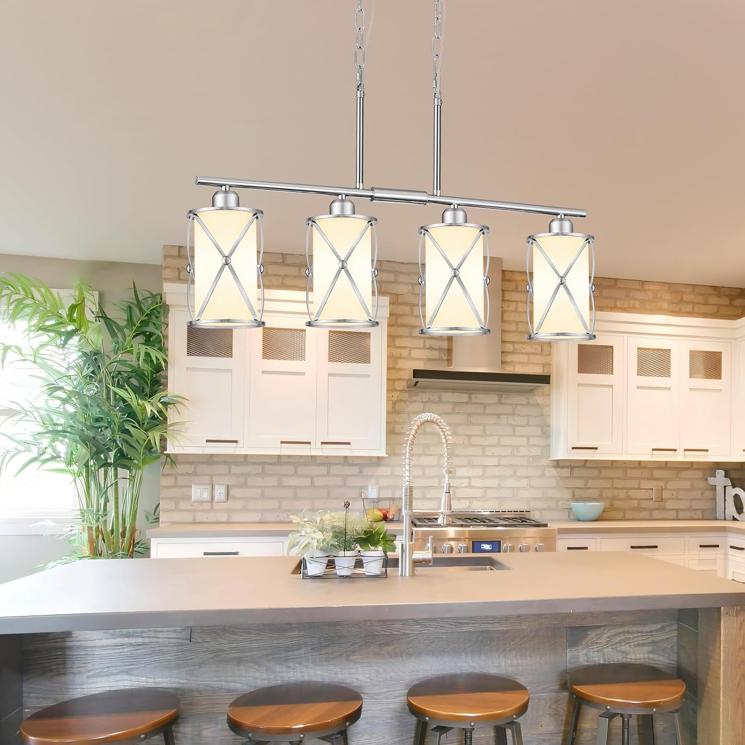 4-Light Kitchen Island Lighting, Linear Brushed Nickel Dining Room Light Fixtures with Milk Glass, Modern Industrial Chandelier Pendant Light for Kitchen Island Dining Room, CH9176BNW-4IS
