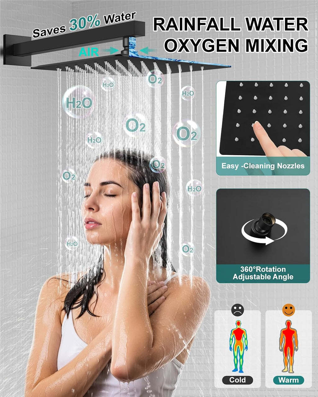 Shower Faucet Set Rainfall Shower System with Square Showerhead and Handle Set Fixture with 2 in 1 Function Handheld Sprayer Wall Mounted Trim Repair Kit Rough-in Valve 10 Inch Matte Black