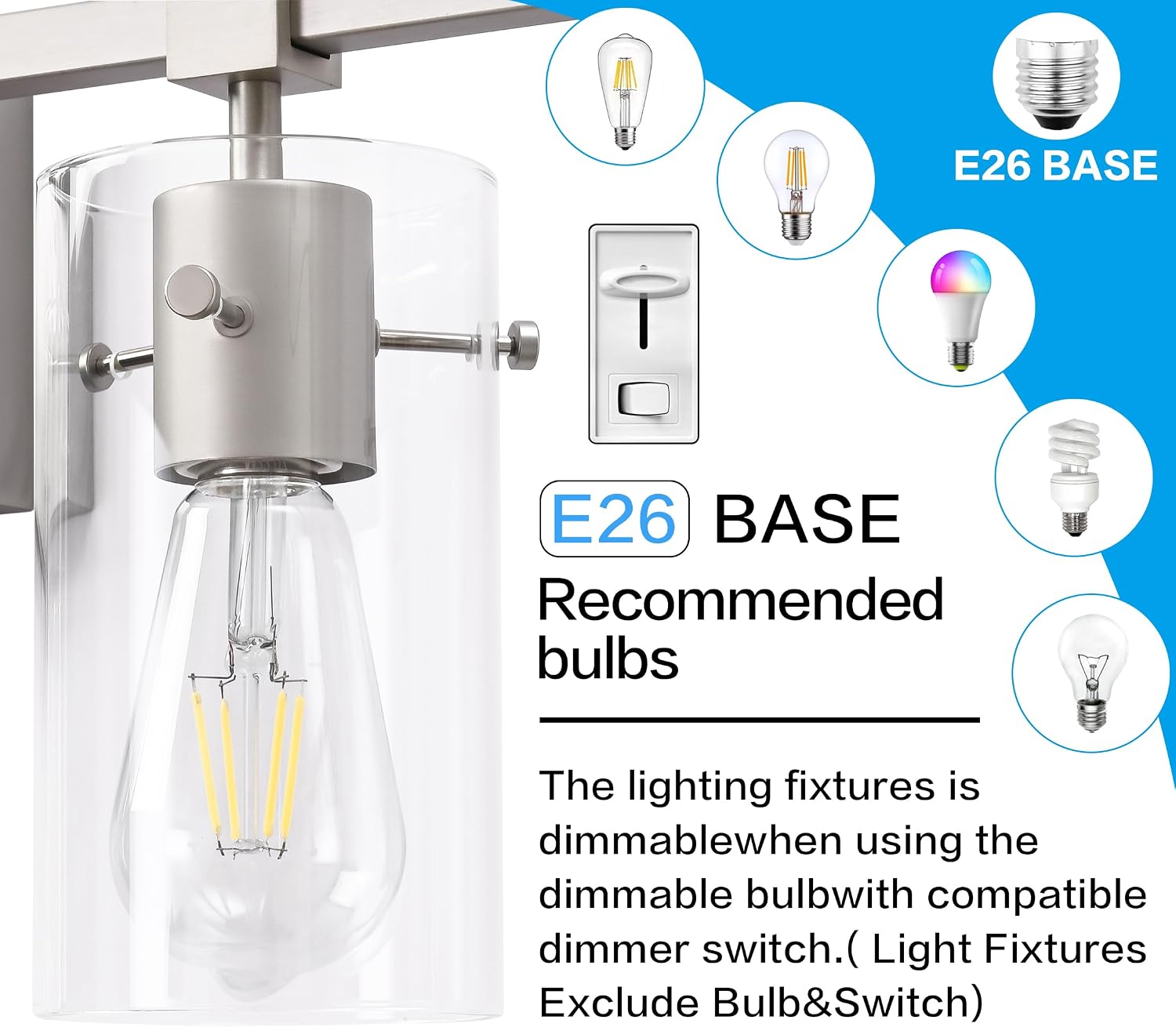 SOLFART 49.2 inch 6 Lights Vanity Light fixtures for Bathroom Vintage Bathroom Light Fixture Brushed Nickel Light Fixtures Above Mirror with Glass Shade (Exclude Bulb)