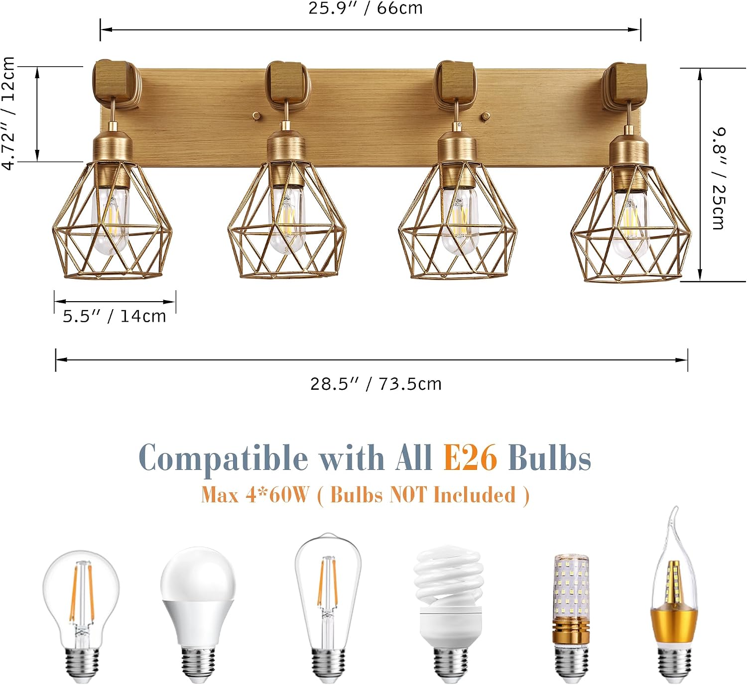 Farmhouse Bathroom Light Fixtures, 4-Light Gold Bathroom Vanity Light, Rustic Matte Antique Brass Finish with Metal Lampshade, Wall Sconces for Bedroom, Living Room, Hallway