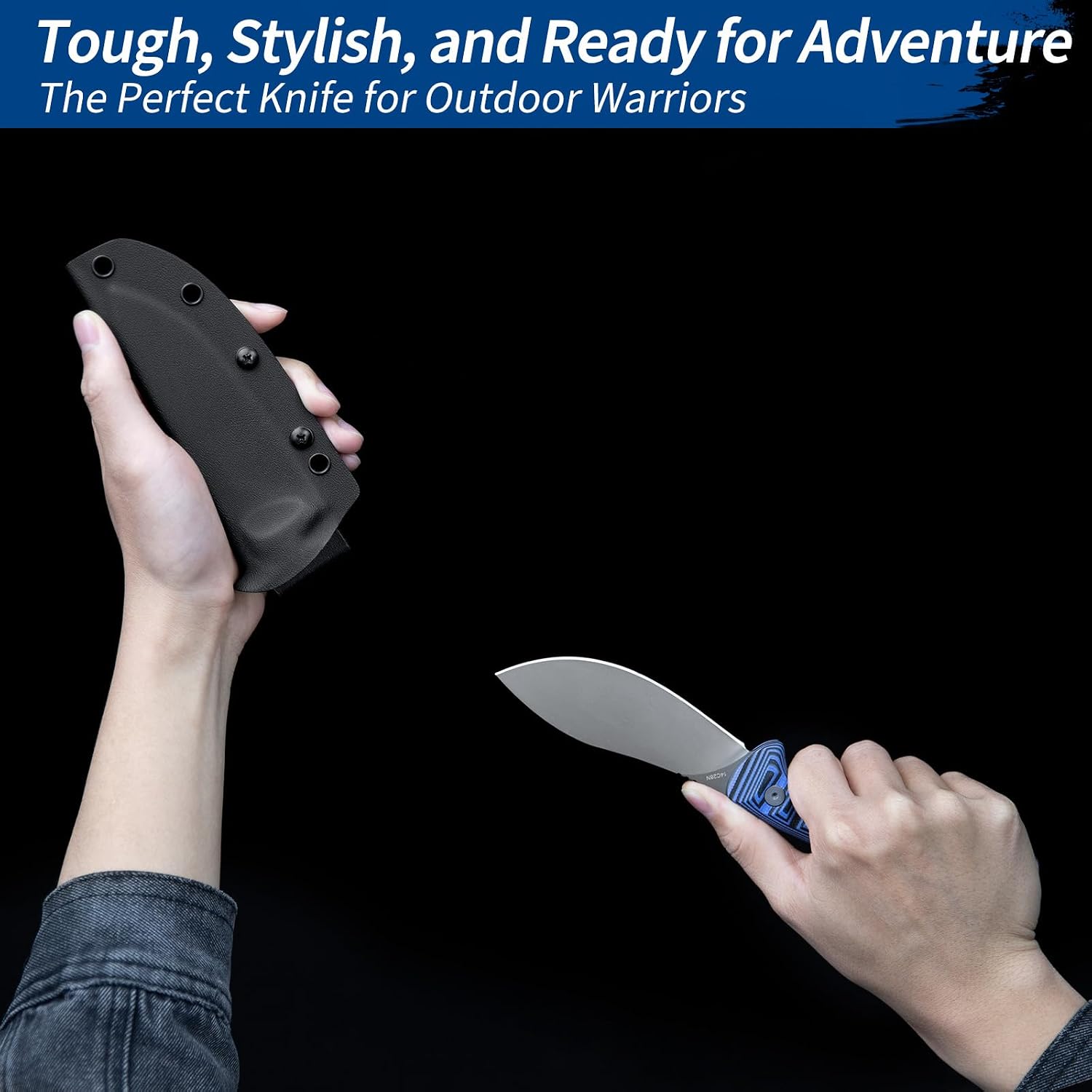 FINTISO Nazar Fixed Blade Knife with Kydex Sheath, 4.24' 14C28N Blade Blue & Black G10 Handles, Titanium-coated, Full Tang Design, Lanyard, for Men Outdoor Activities, Camping, Hiking, EDC Carry.