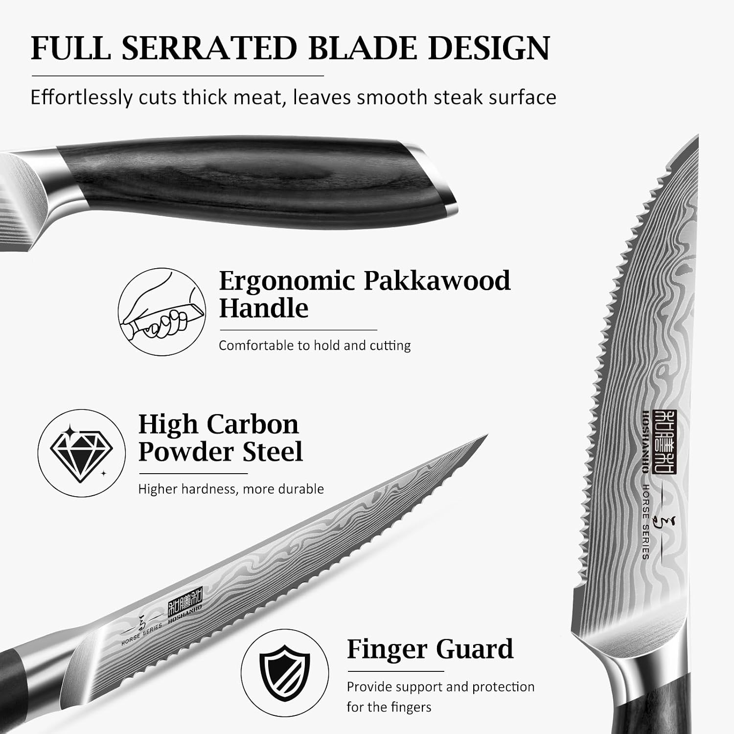 HOSHANHO 7-Piece Serrated Steak Knife Set, 4.5 Inch Japanese High Carbon Steel Steak Knives Set with Block, Razor-Sharp Kitchen Dinner Knives with Ergonomic Pakkawood Handle