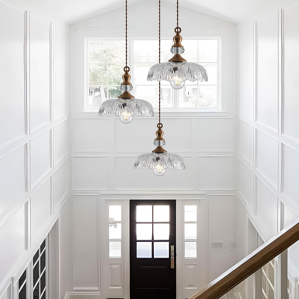 CVKASH Vintage Glass Pendant Light Fixture 3-Pack Brass Modern Adjustable Chandelier Farmhouse Hanging Ceiling Light for Hallway Porch Kitchen Bedroom Coffee Shop Dining Room