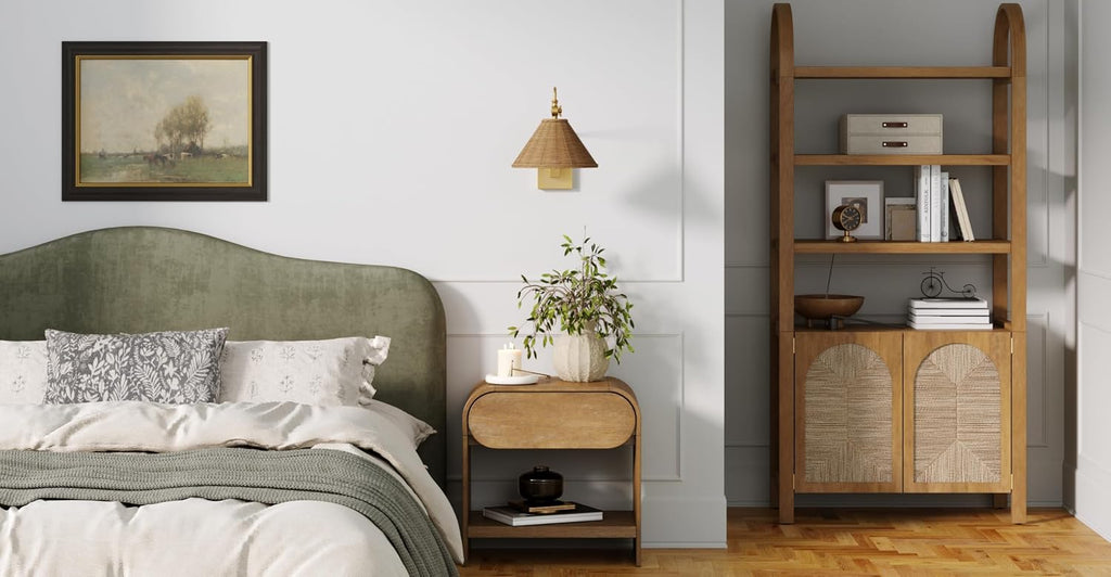 Nathan James Celeste Rattan Wall Light, Modern Farmhouse Wall Mounted Plug in Light, Wall Mount Reading Lamp for Bedside with Rattan Shade