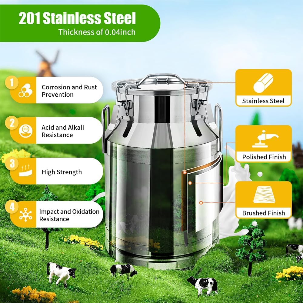13 Gallon Stainless Steel Milk Can 30L Milk Jug | Food-grade Stainless Steel Container, Milk Bucket, Water Jug, Silicone Sealed Lid, Heavy Duty