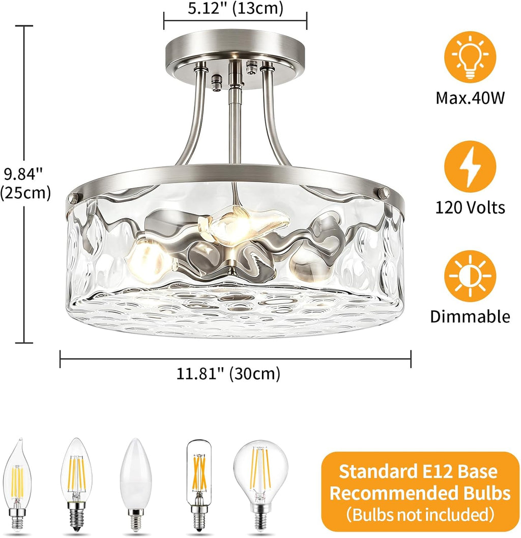 TOULMJ Brushed Nickel Semi Flush Mount Ceiling Light, 3-Light Modern Hammered Glass Kitchen Lighting Fixture for Hallway Entryway Bathroom Bedroom Laundry Dining Room