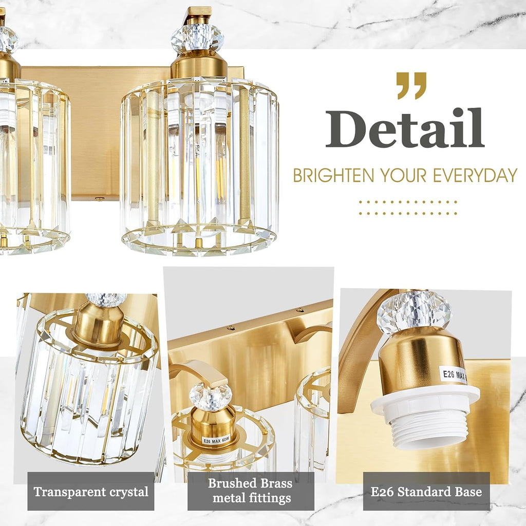 6-Lights Brushed Brass Bathroom Light Fixture Gold Vanity Lights Modern Crystal Bathroom Vanity Lighting Over Mirror Wall Sconce with K9 Crystal Shade E26 Base for Living Room, Bedroom Wall Lamp