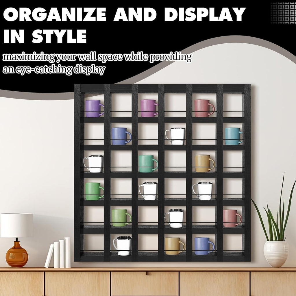Kigley Oversize Coffee Mug Display Rack Wooden Shelves Rustic Shot Glass Display Case Travel Mug Shelf Wall Mounted Rack Holder Shadow Box (6 x 6,Black)