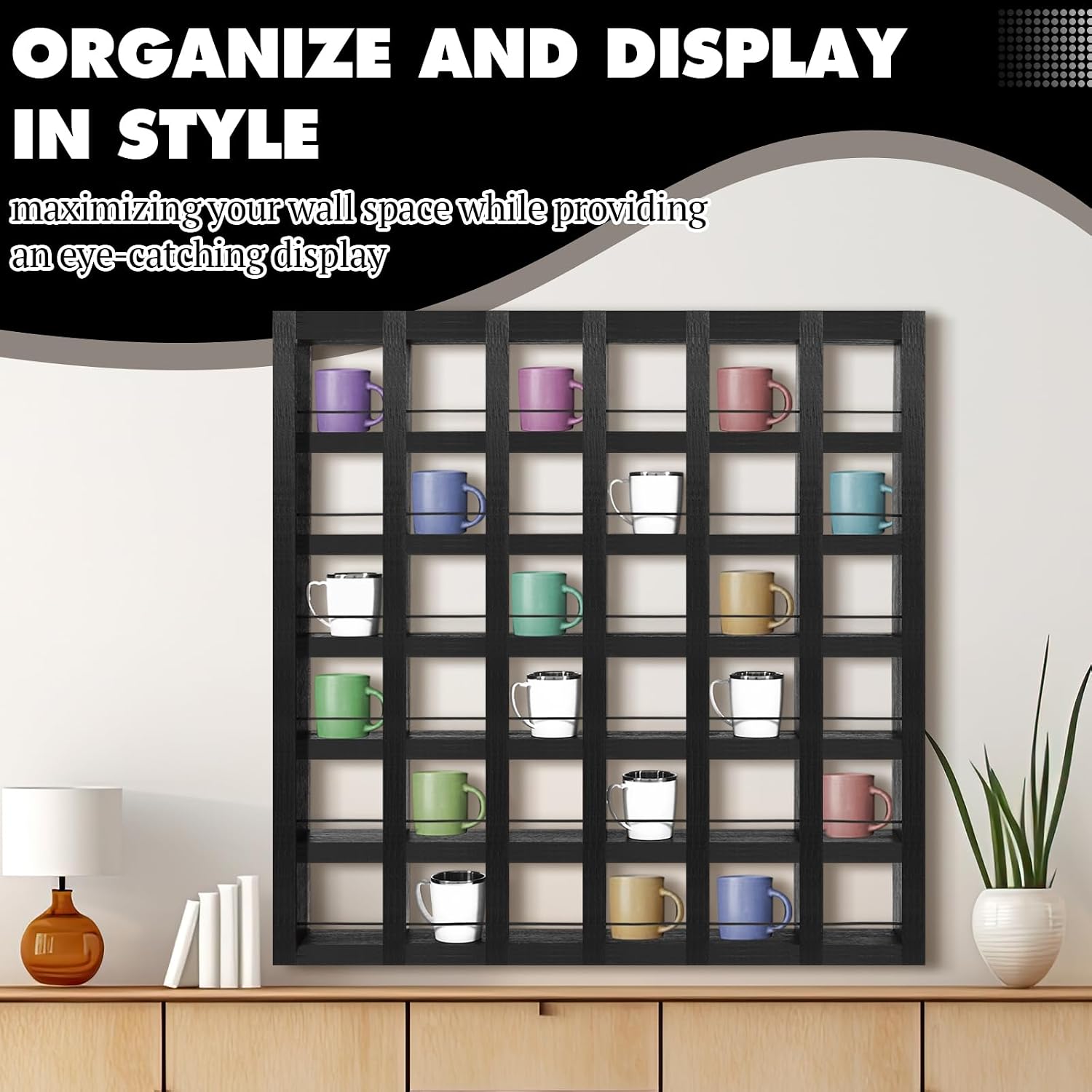 Kigley Oversize Coffee Mug Display Rack Wooden Shelves Rustic Shot Glass Display Case Travel Mug Shelf Wall Mounted Rack Holder Shadow Box (6 x 6,Black)