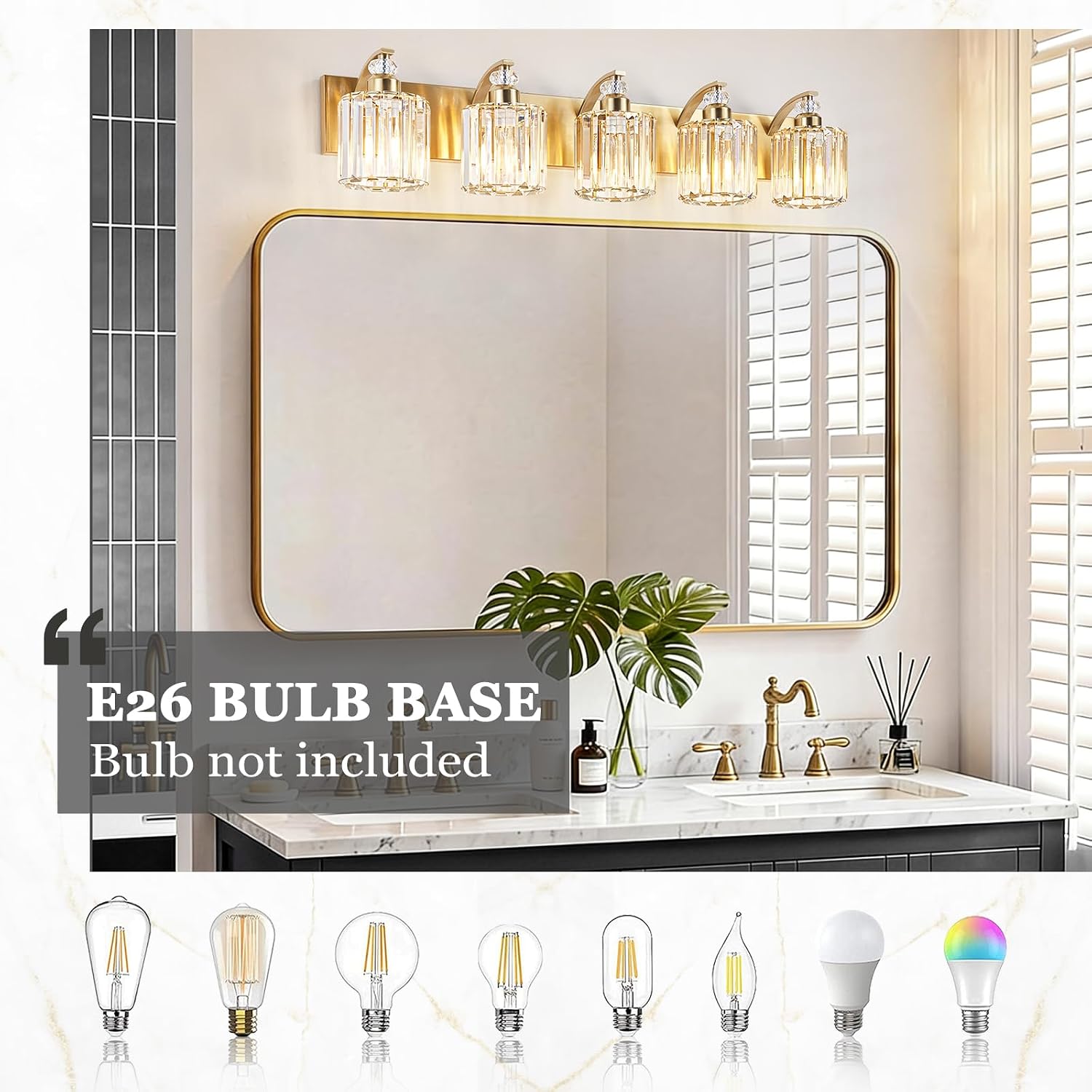 5-Lights Brushed Brass Bathroom Light Fixture Gold Vanity Lights Modern Crystal Bathroom Vanity Lighting Over Mirror Wall Sconce with K9 Crystal Shade E26 Base for Living Room, Bedroom Wall Lamp