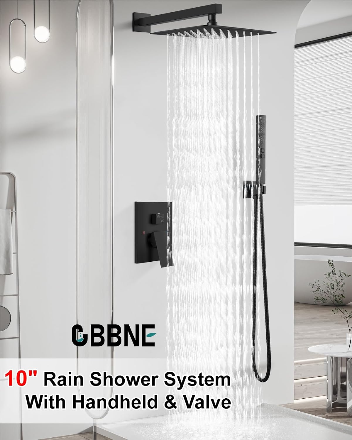 Shower Faucet Set Rainfall Shower System with Square Showerhead and Handle Set Fixture with 2 in 1 Function Handheld Sprayer Wall Mounted Trim Repair Kit Rough-in Valve 10 Inch Matte Black