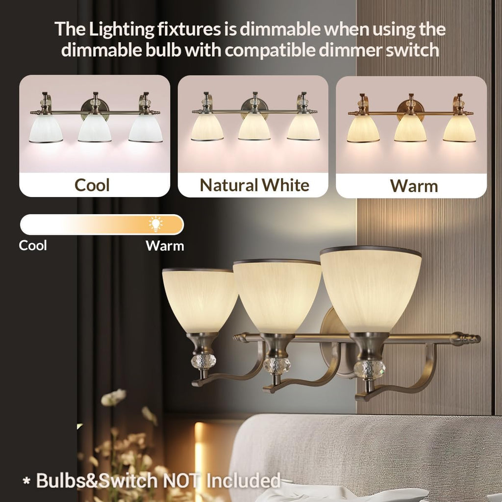 ANDY STAR Bathroom Light Fixture, 3-Light Bathroom Vanity Light Brushed Nickel, Vintage Wall Sconce with Hand-Painted Frosted Lampshade, Wall Lamp in Silver Finish for Bedroom, Living Room, Restroom
