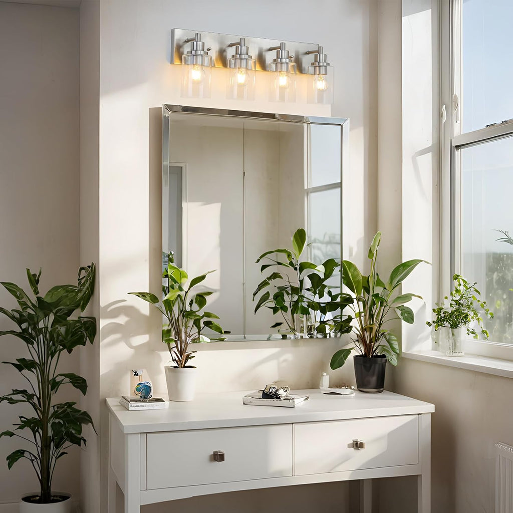 LOUSACE 4 Light Bathroom Vanity Light Brushed Nickel, Bathroom Lighting Fixtures with Clear Glass Shades Over Vanity Mirror, Modern Wall Sconces Fixtures for Bedroom Living Room, E26 Socket