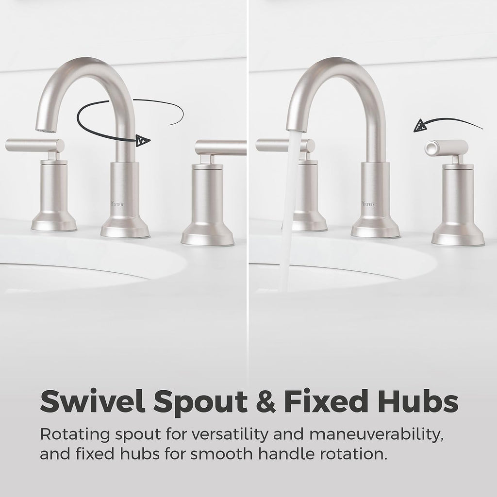 Pfister Capistrano Widespread Bathroom Sink Faucet 2 Handle 3 Hole Brushed Nickel Vanity Faucet with Push & Seal Drain TiteSeal Mount NSF Certified Bath Fixture LF049CSOGS