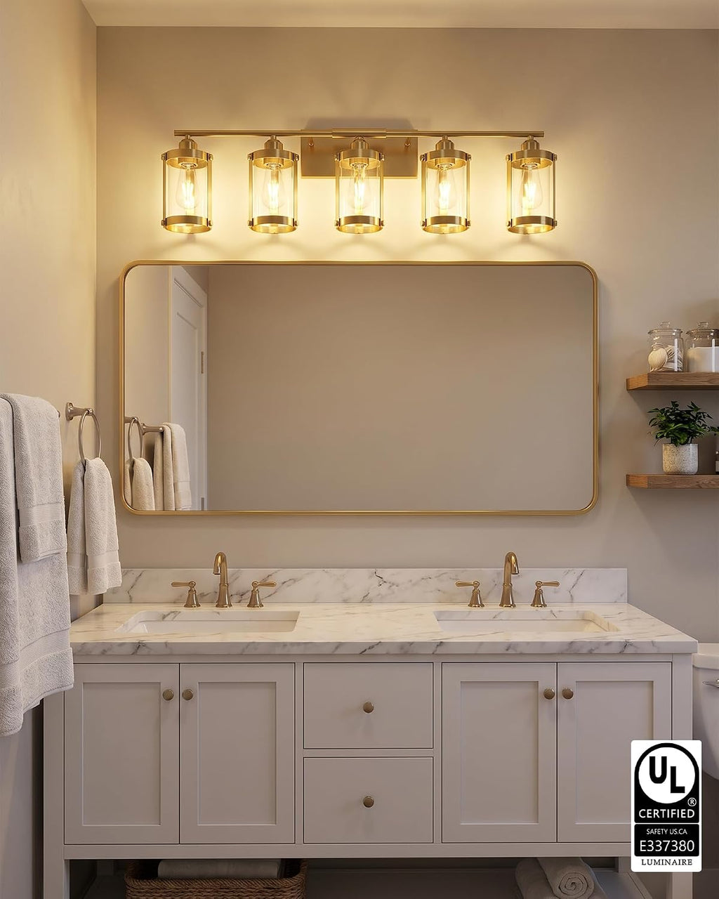 5-Light Brushed Gold Bathroom Light Fixtures Over Mirror with Clear Glass and Metal Cage Shade, 38' UL-Listed Modern Farmhouse Wall Sconce for Bath, Hardwire E26, OS-3014BG-5W