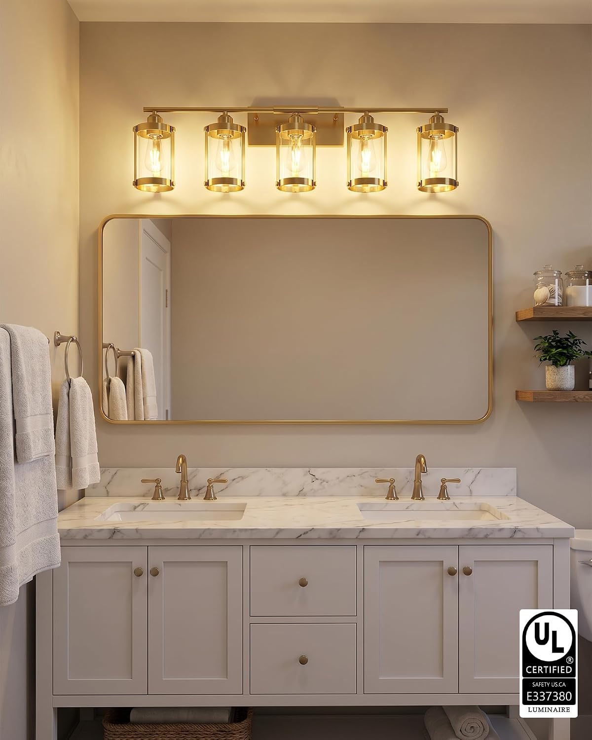 5-Light Brushed Gold Bathroom Light Fixtures Over Mirror with Clear Glass and Metal Cage Shade, 38' UL-Listed Modern Farmhouse Wall Sconce for Bath, Hardwire E26, OS-3014BG-5W