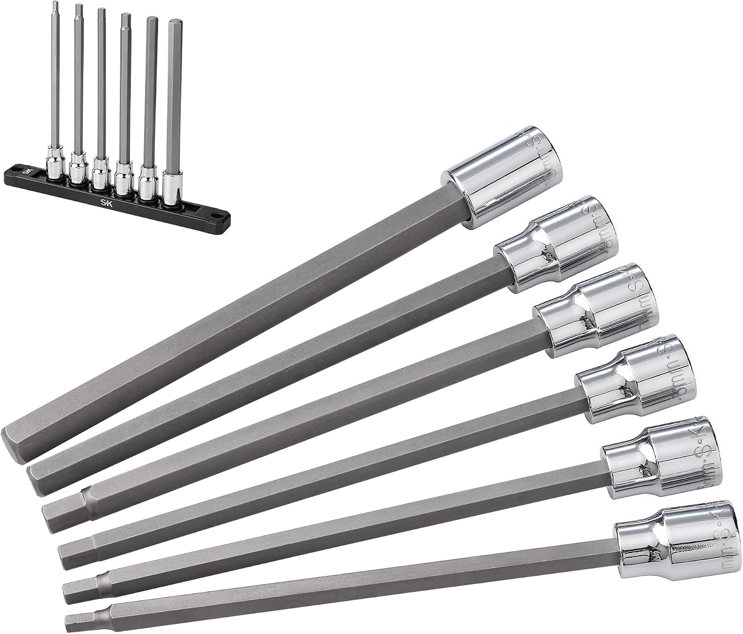 SK Tools USA 3/8' Drive, 6 Piece, Long, Metric, Chrome Hex Bit Socket Set: 4MM - 10MM | 19726
