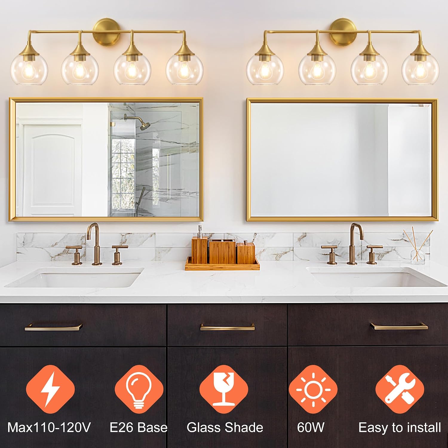 Bathroom Vanity Light Gold, 4 Light Bathroom Light Fixtures Over Mirror with Clear Glass Shade, 31 inch Vanity Lights for Bathroom Farmhouse (Exclude E26 Bulb)