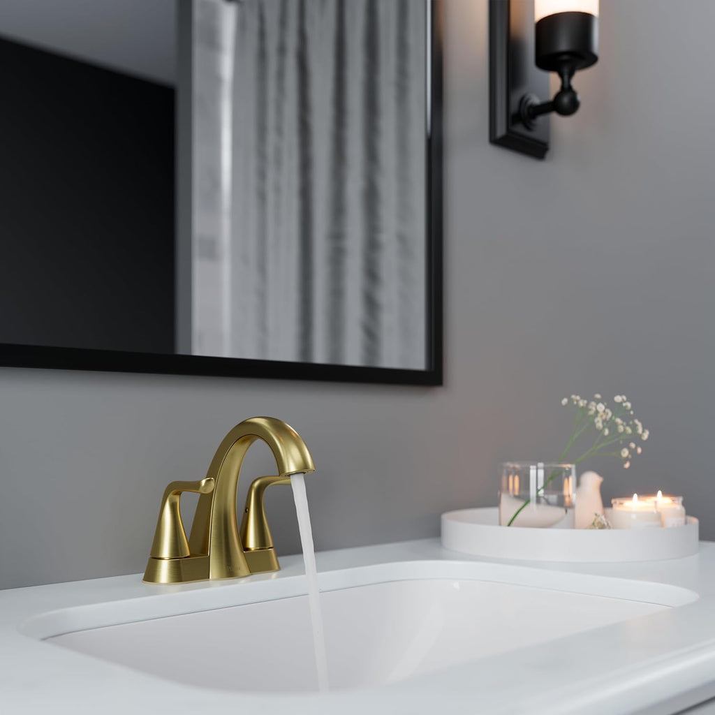 Pfister Willa Bathroom Sink Faucet 4 inch Centerset 2-Handle 3-Hole Vanity Faucet NSF Certified Brushed Gold Finish with Push & Seal Drain and TiteSeal Mounting Technology LF048MALBG