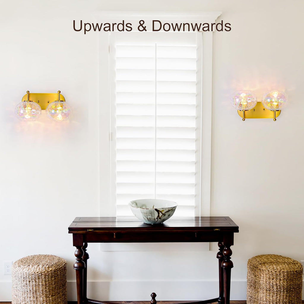 Brushed Gold Vanity Light Stained Hammered Glass Wall Sconce 2-Light Brass Wall Lamp for Hallway Living Room Stairwell Bathroom Over Mirror (Brass Gold, 2-Light)