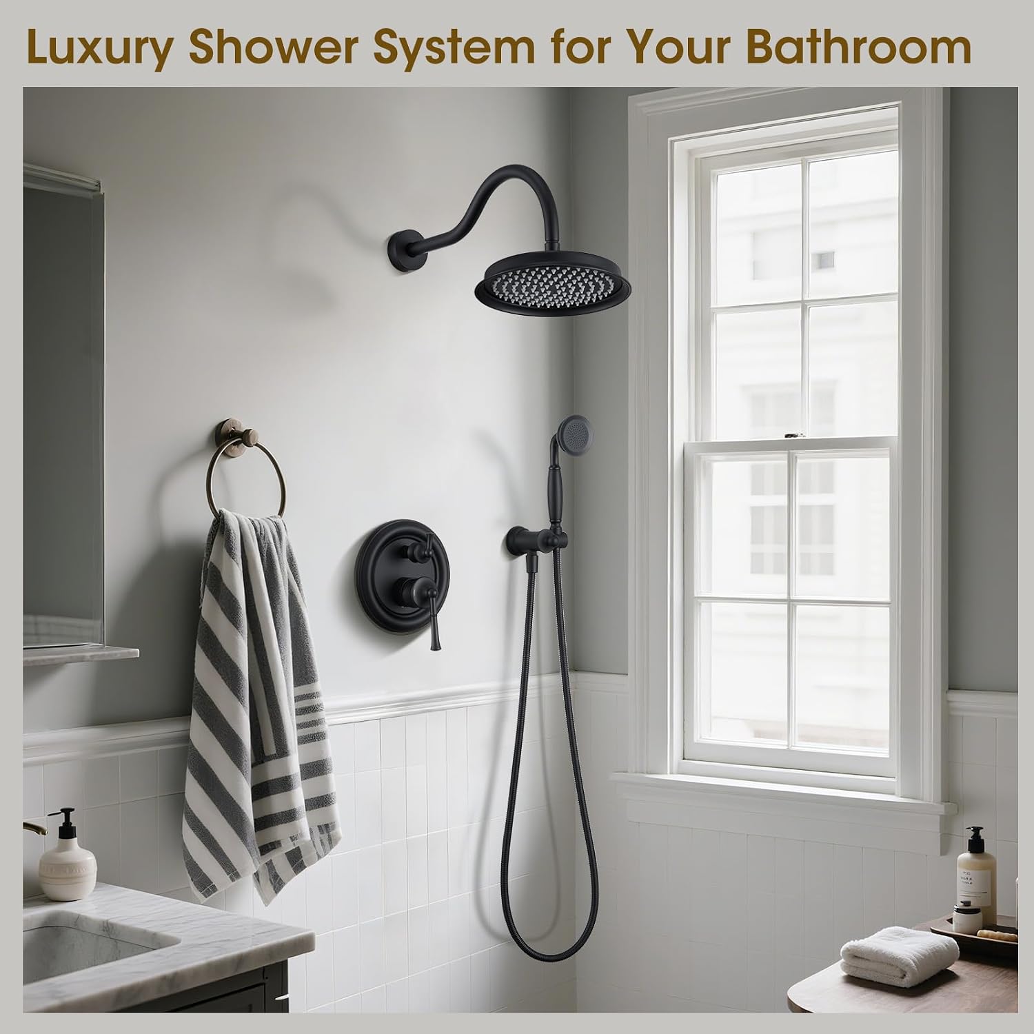 Rain Shower Head with Handheld Spray, Rainfall Shower System with Rough-in Valve, Shower Faucet Set with Pressure Balance Valve, 9 Inch Luxury Shower Trim Kit Wall Mount, Matte Black
