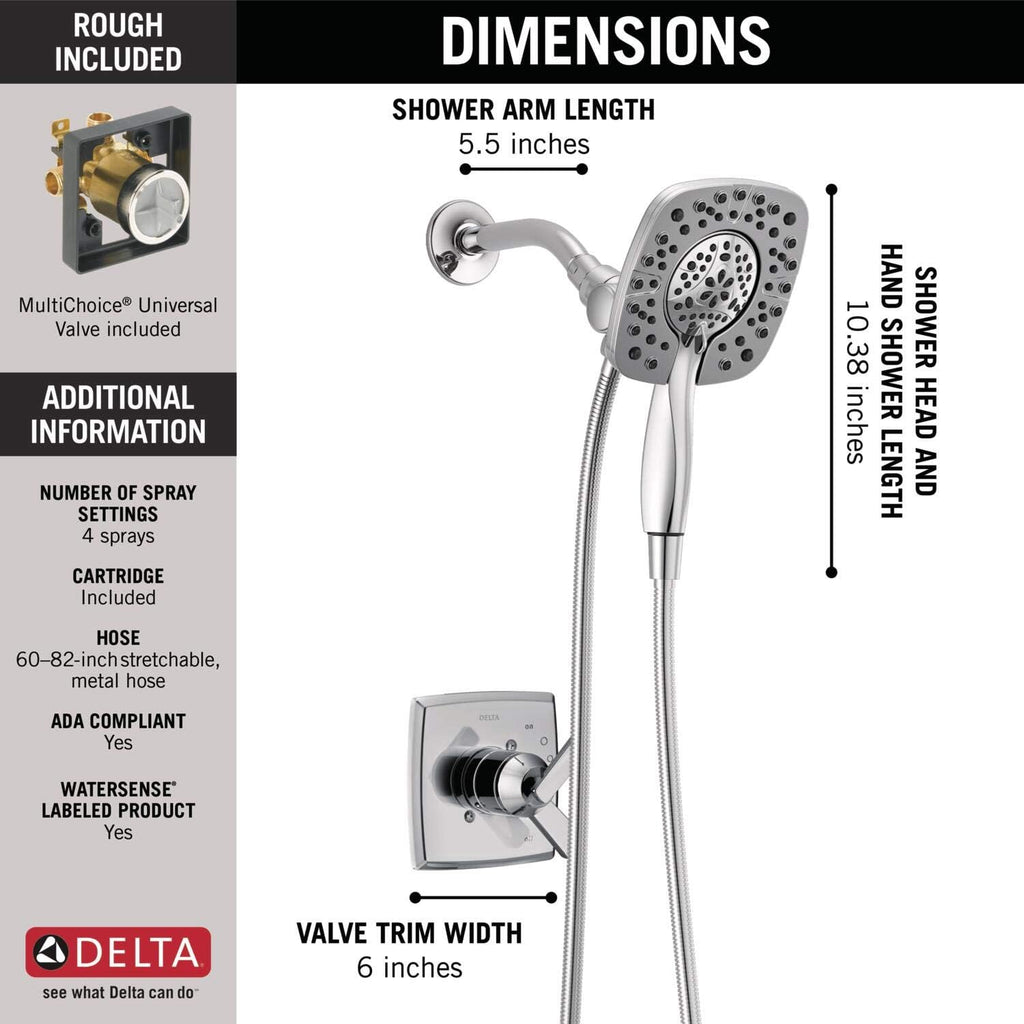 DELTA Ashlyn 17 Series Dual-Function Shower Trim Kit with 2-Spray Touch-Clean In2ition 2-in-1 Hand Held Shower Head with Hose, Chrome T17264-I (Valve Included)